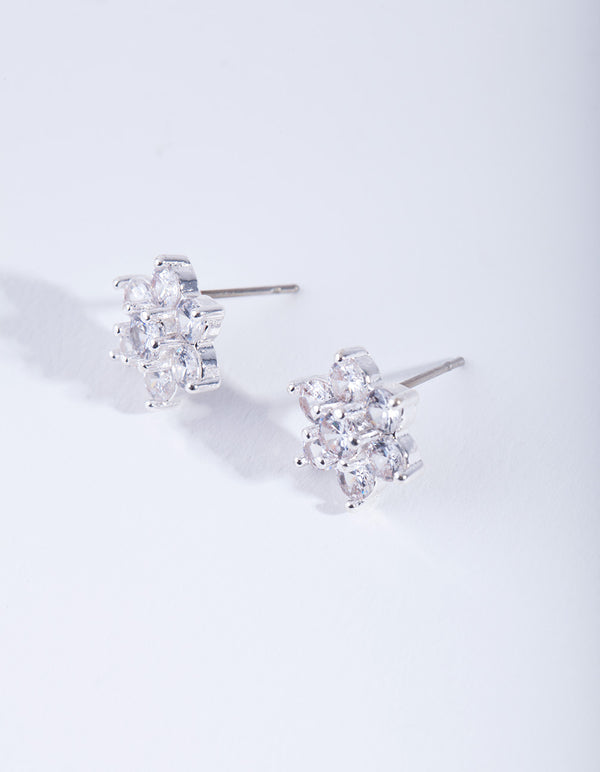 Silver Cubic ZIrconia Flower Earrings