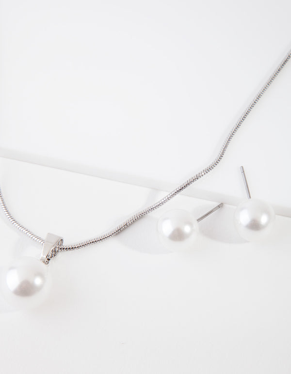 Silver Large Pearl Stud Necklace Earrings Set