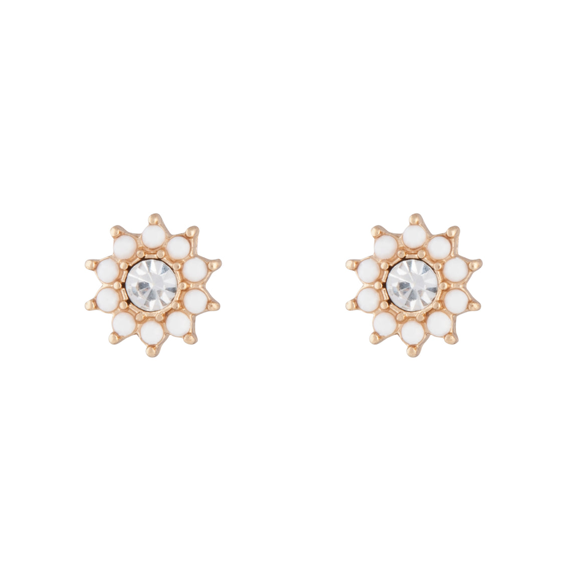 Gold White Flower Diamante Stud Earrings