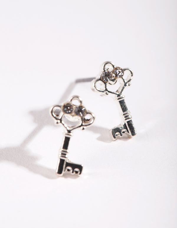 Silver Diamante Mini Key Stud Earrings