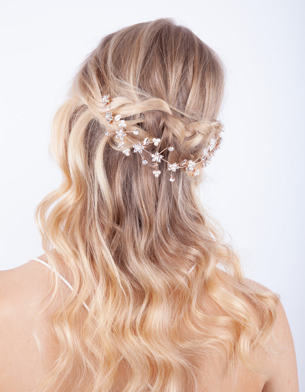 Rose Gold Diamante Flower Pearl Hair Vine