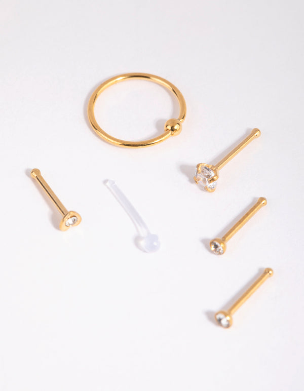 Gold Surgical Steel Mix Stud Ring Nose 6-Pack