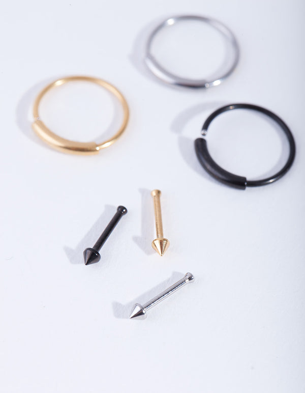 Mixed Metals Bar Ring Pin Nose 6-Pack