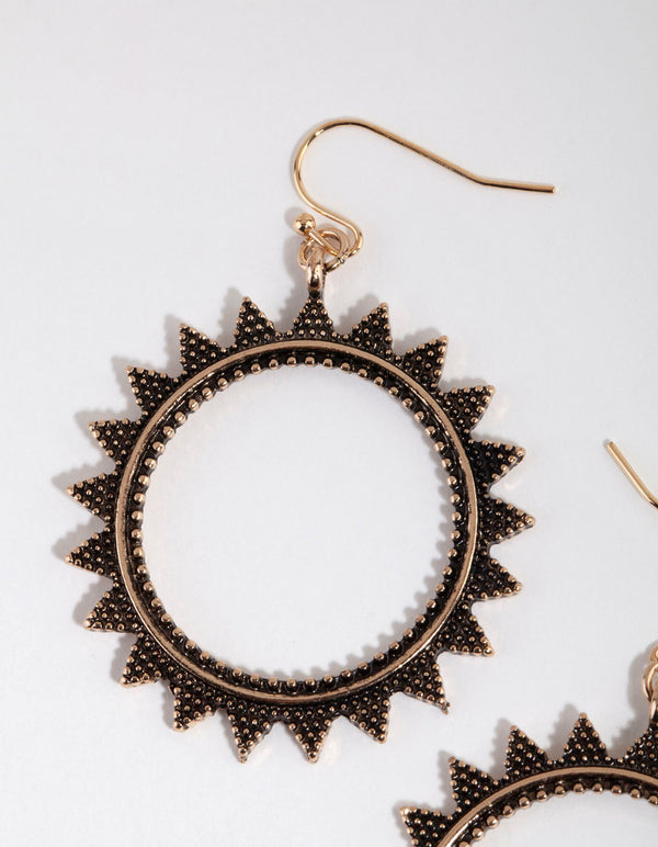 Gold Texture Open Sun Drop Earrings
