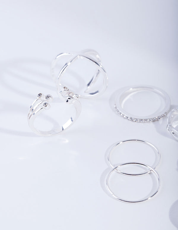 Silver Diamante Fine Mix Ring 8-Pack