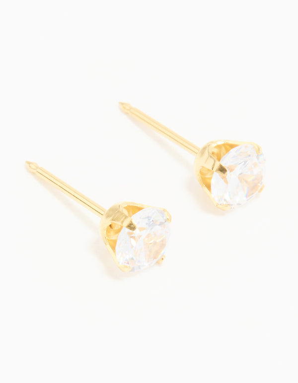 Discover 24K gold plated surgical stainless steel 5MM cubic zirconia piercing stud featuring clear stones with closure front view