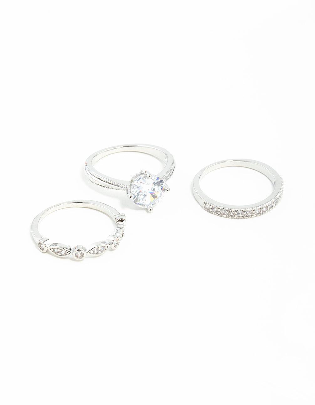 Silver Round Stone Cubic Zirconia Triple Ring Stack