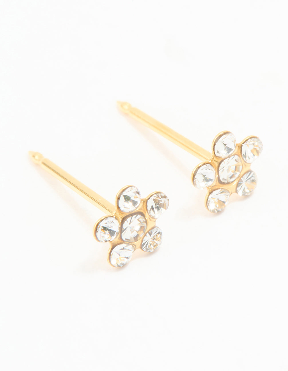 Beautifully crafted 24K gold plated surgical stainless steel cubic zirconia daisy piercing stud featuring floral design with dainty styling in clear front view