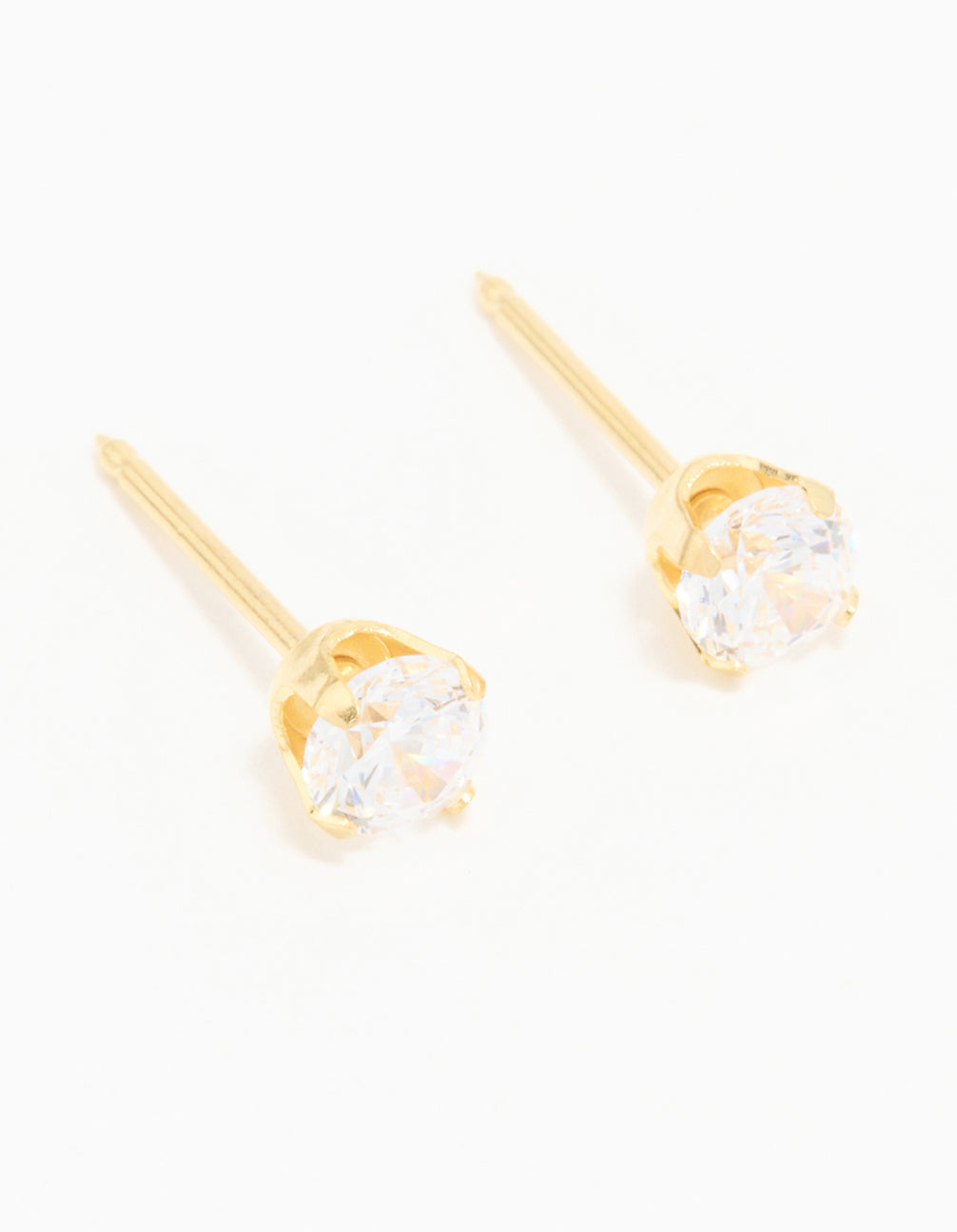 Showcasing 24K gold plated surgical stainless steel 4MM cubic zirconia piercing stud with clear accents front view