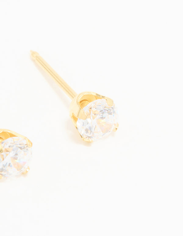Featuring 24K gold plated surgical stainless steel 4MM cubic zirconia piercing stud with clear accents post detail view