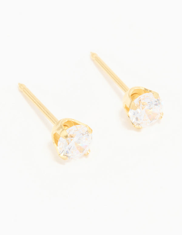 Showcasing 24K gold plated surgical stainless steel 4MM cubic zirconia piercing stud with clear accents front view