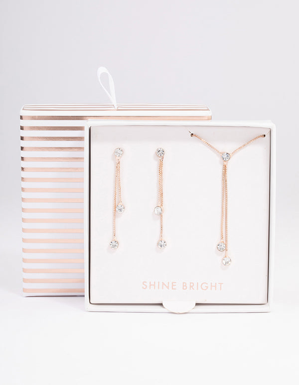 Rose Gold Diamante Drop Earrings Necklace Gift Box
