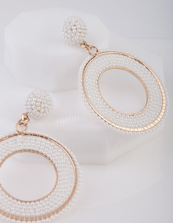 White Beaded Rose Gold Drop Earrings
