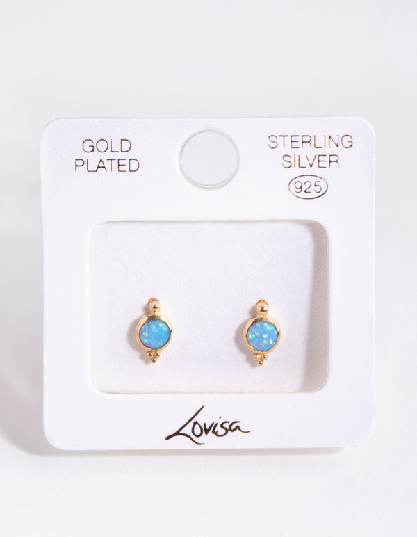 Gold Plated Sterling Silver Blue Synthetic Opal Stud Earrings