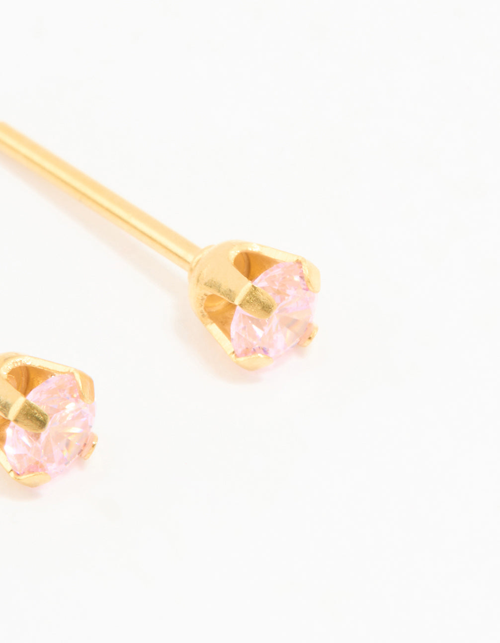 Featuring 24K gold plated surgical steel 3MM pink cubic zirconia piercing studs with light pink gemstones post detail view