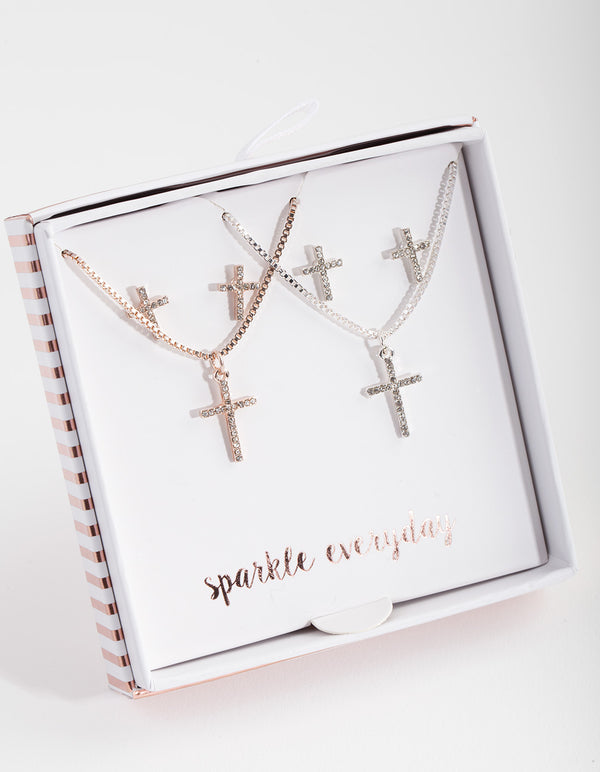 Mixed Metal Diamante Cross Jewellery Set