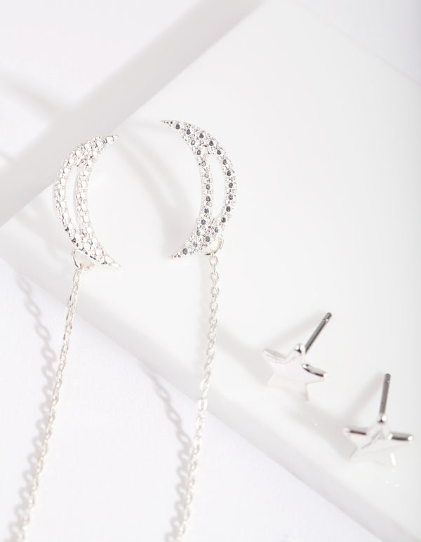 Silver Cubic Zirconia Star & Moon Earring Pack