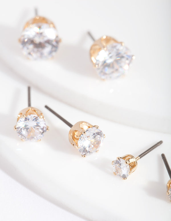 Gold Cubic Zirconia Graduating Stud Earring Pack