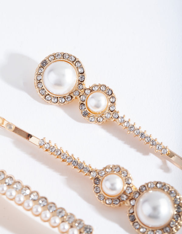 Gold Diamante Pearl Hair Clip 4-Pack