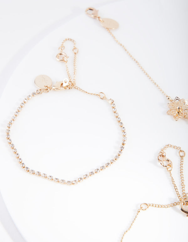 Gold Flower Friendship Anklet Bracelet 4-Pack