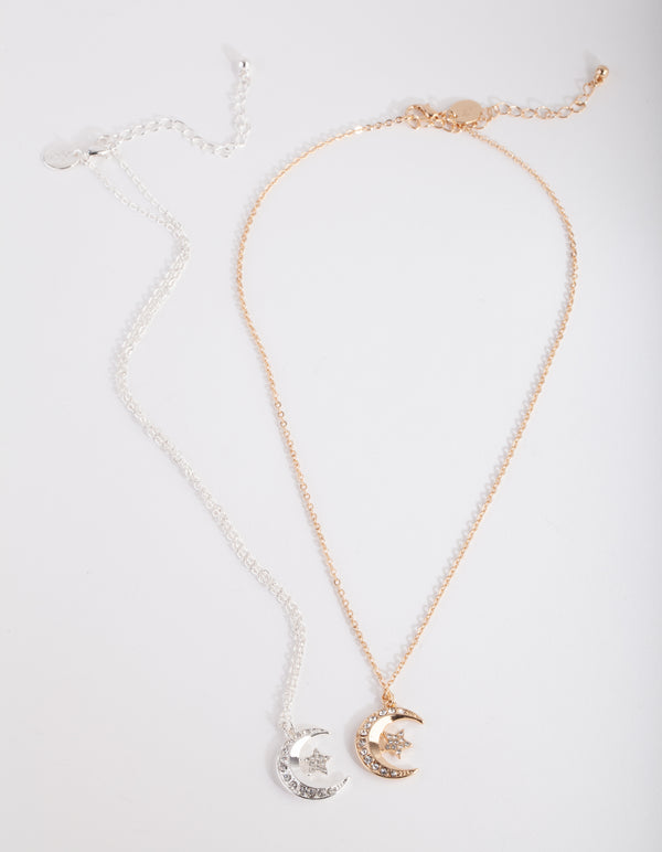Mixed Metal Diamante Moon Necklace Pack
