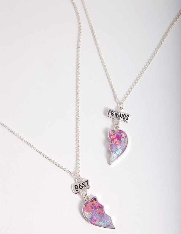Kids Silver Glitter Heart BF Necklace Set