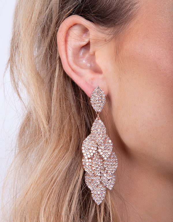Rose Gold Diamante Multi Leaf Earrings