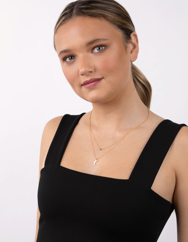 Gold Plated Sterling Silver Moon & Star Double Layer Necklace