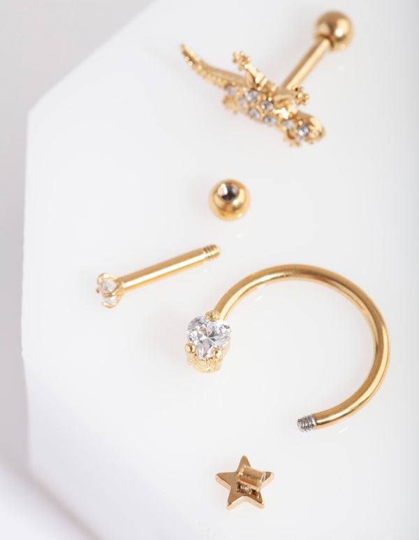 Gold Surgical Steel Diamante Lizard Barbell Pack