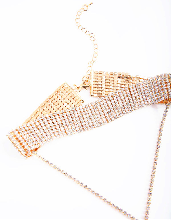 Gold Diamante Statement Y Neck Choker