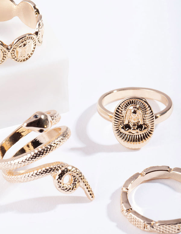 Gold Snake & Disc Ring 4-Pack