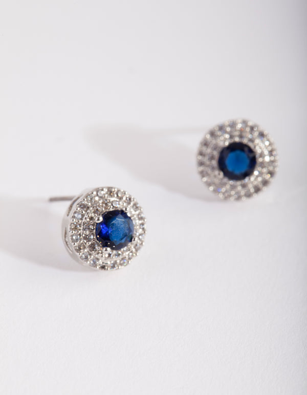 Silver Diamond Simulant Blue Stud Earrings