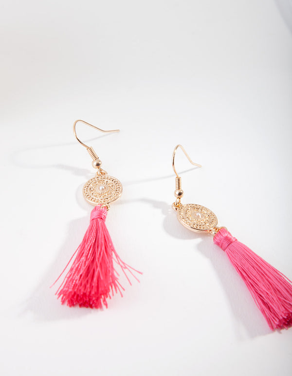 Gold Disc Pink Tassel Drop Earrings