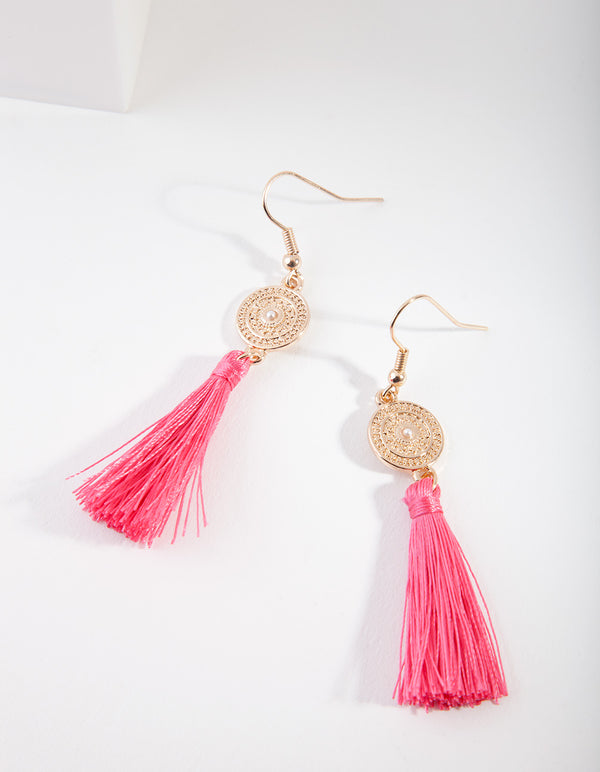 Gold Disc Pink Tassel Drop Earrings