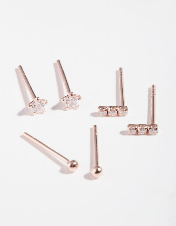 Rose Gold Plated Sterling Silver Cubic Zirconia Line Stud Earring Pack