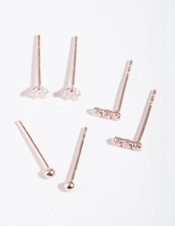 Rose Gold Plated Sterling Silver Cubic Zirconia Line Stud Earring Pack