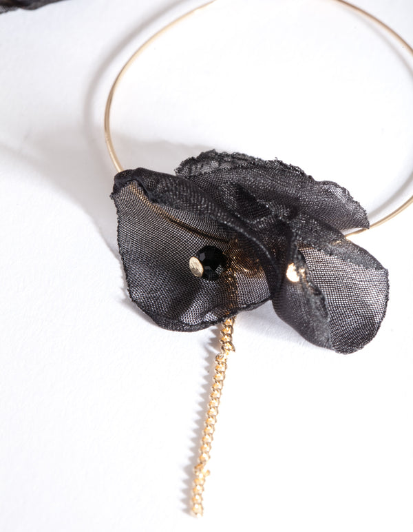 Gold Black Fabric Flower Hoop Earrings