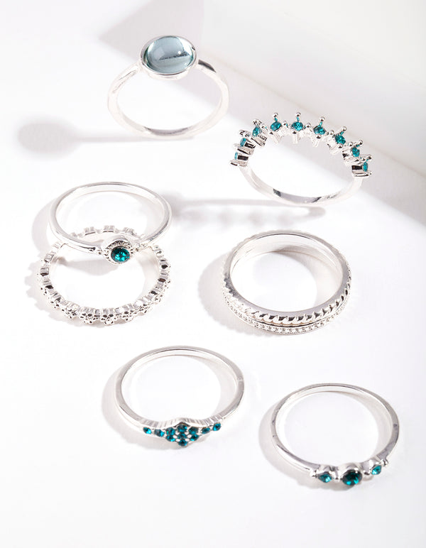 Silver Blue Feather Ring 8-Pack