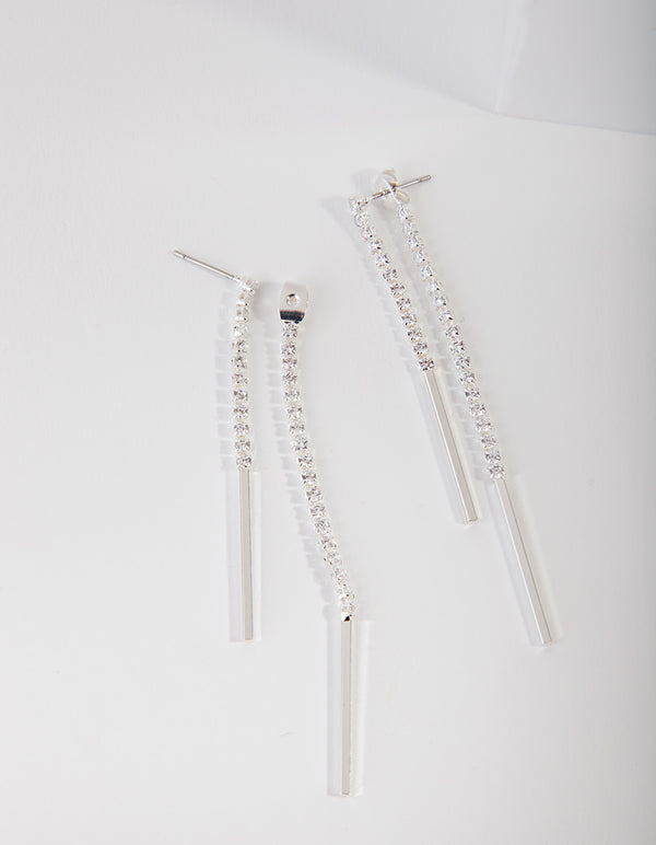 Silver Cubic Zirconia Cupchain & Bar Drop Earrings