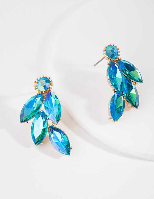 Gunmetal Blue Diamante Leaf Stud Earrings