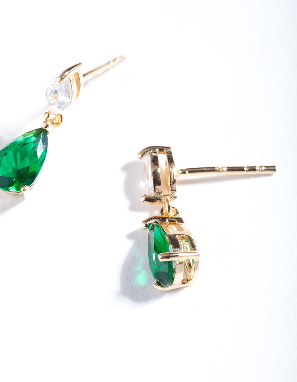 Gold Plated Sterling Silver Green Cubic Zirconia Teardrop Earrings