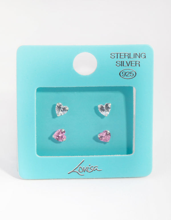 Sterling Silver Diamond Simulant & Cubic Zirconia Heart Stud Earring Pack