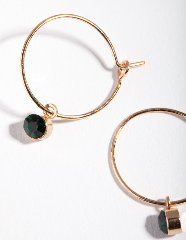Gold Green Stone Fine Hoop Earrings