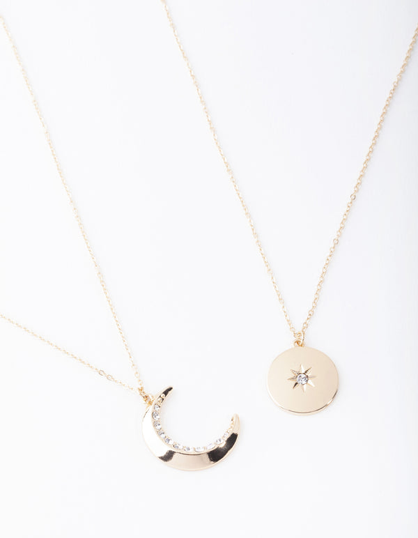 Gold Moon & Star Diamante Necklace Pack