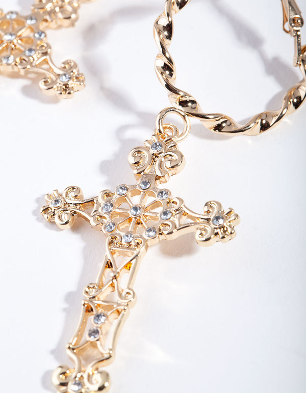 Gold Rope Hoop Filigree Cross Earrings