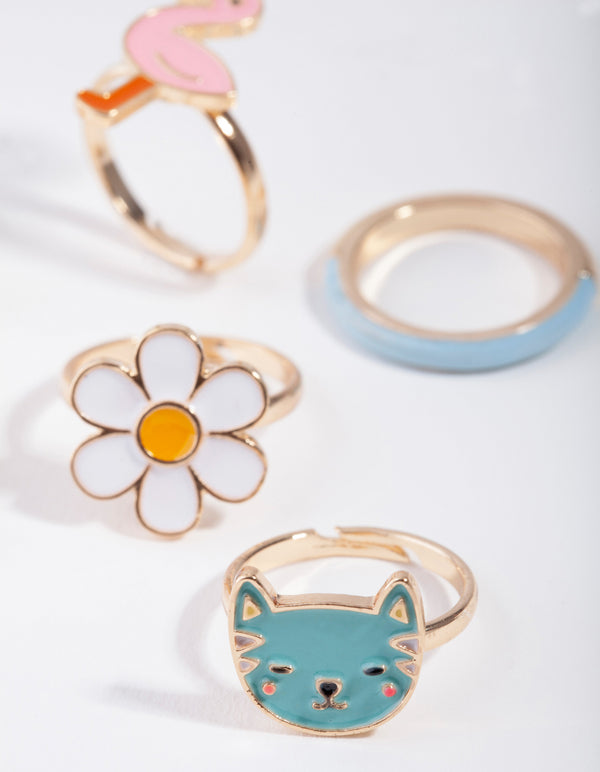 Kids Gold Cat & Flower Ring 6-Pack