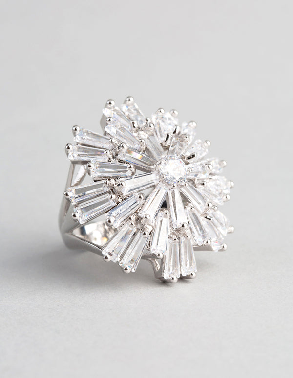 Silver Cubic Zirconia Statement Starbust Cocktail Ring