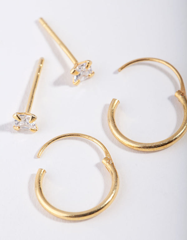 Gold Plated Sterling Silver Princess Stud & Hoop Pack Earring