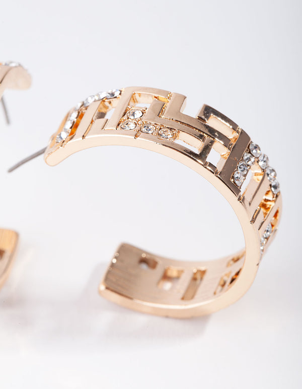 Gold Greek Key Diamante Hoop Earrings