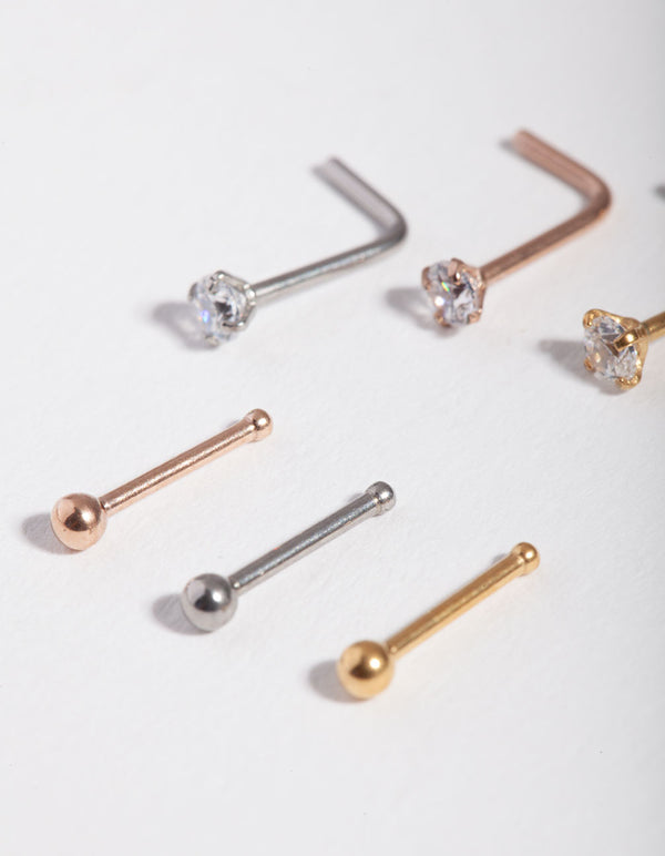 Mixed Metal Cubic Zirconia Nose Stud 6-Pack